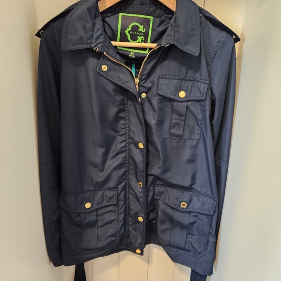 C. Wonder Blue and Gold Trench Coat with Belted Waist - Picture 3 of 4